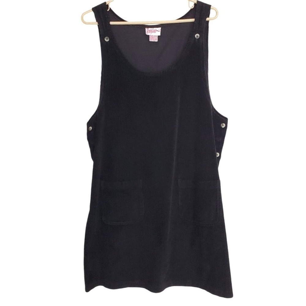 Vintage 90s Black Cotton Corduroy Jumper Overall Dress Pockets Roundneck Lg